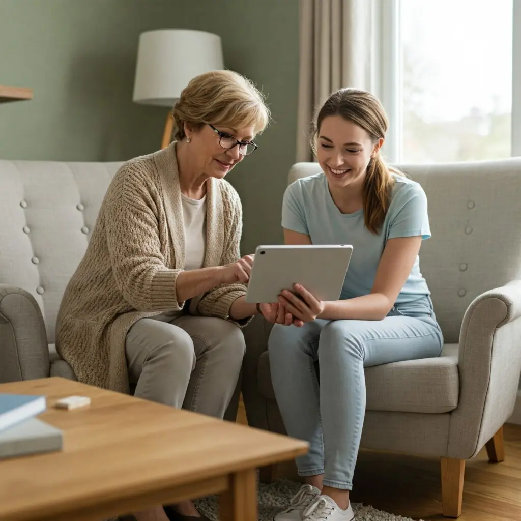 A Kawartha Tech Care helper showing a woman how to use her tablet on the couch